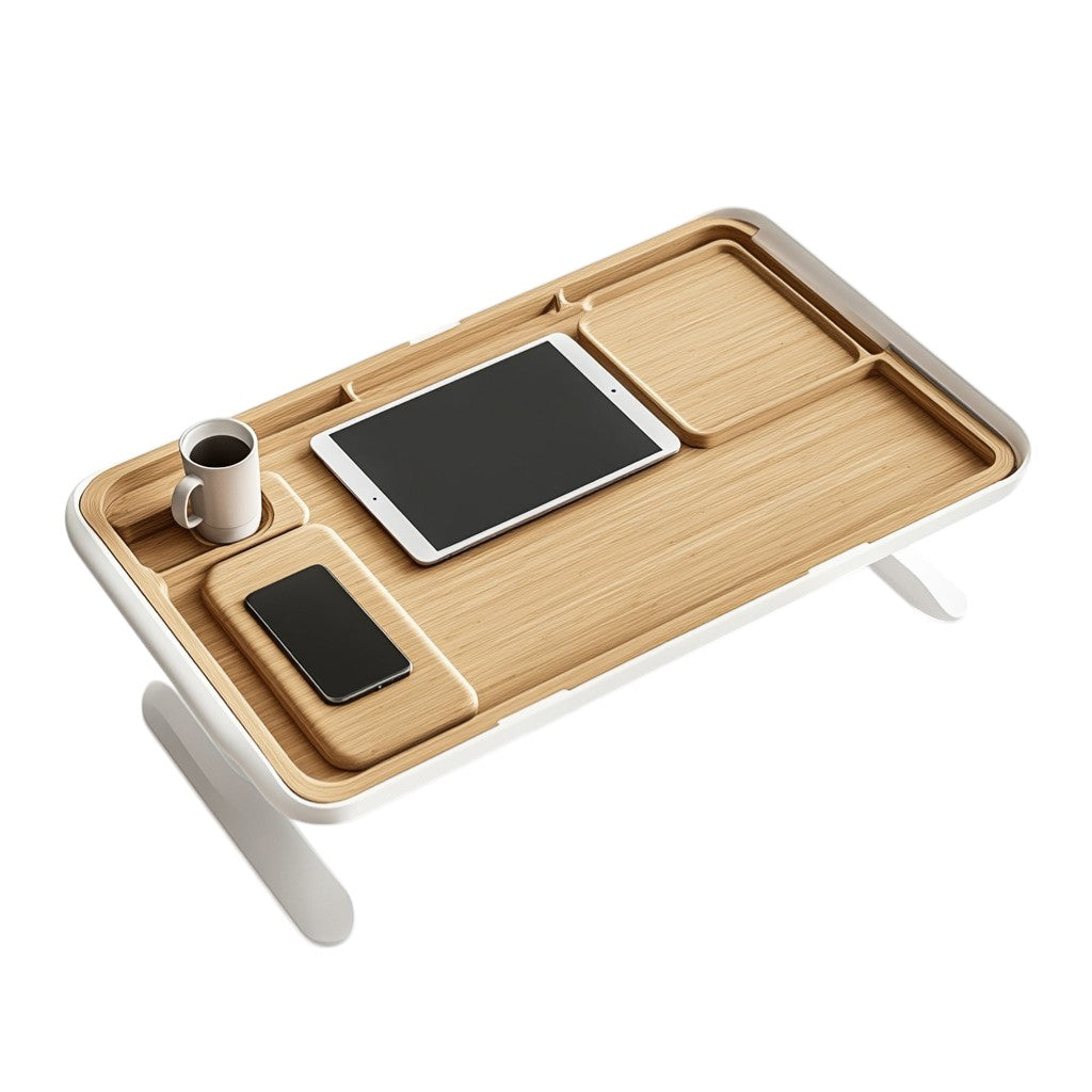Daxis Large Bed Table - Built-in Tablet Slot & Drawer - Portable Laptop Desk for Bed - Natural Oak & Steel - Extra Large Surface