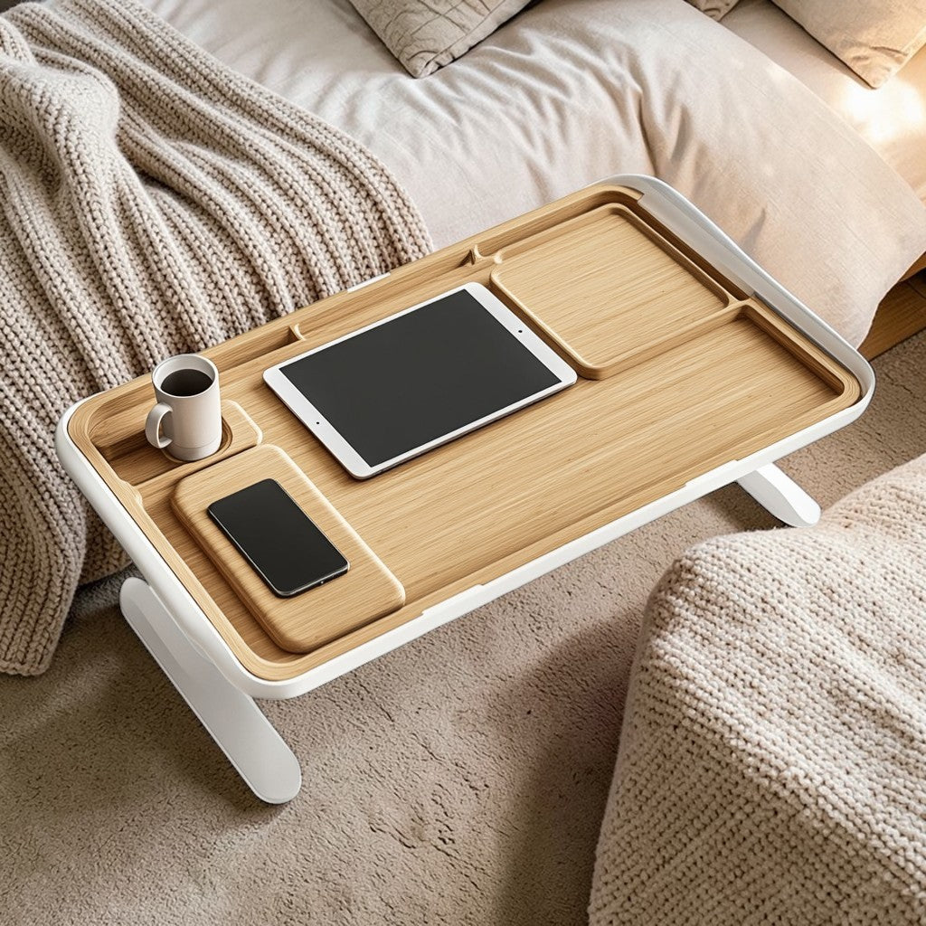 Daxis Large Bed Table - Built-in Tablet Slot & Drawer - Portable Laptop Desk for Bed - Natural Oak & Steel - Extra Large Surface